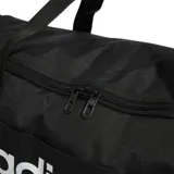 Bolso Adidas Linear Duffel negro con logo blanco estampado. Tiene doble asa de mano y correa ajustable para el hombro. Cuenta con compartimento principal con doble cierre, bolsillos laterales (uno de malla y otro con cierre), bolsillo frontal oculto y compartimento separado para calzado.