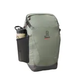 Mochila Rip Curl Search Packable de 25L, color verde militar con detalles en negro y base a cuadros. Cuenta con múltiples bolsillos, correas de compresión y diseño plegable.
