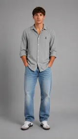 Camisa de manga larga color gris con sutiles rayas verticales, cuello italiano y cierre frontal de botones. Presenta un pequeño bordado en el pecho.