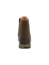Bota de cuero marrón con tecnología water repellent, punta redonda y suela de goma track. Cuenta con cierre lateral y presilla trasera.