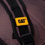 Mochila Caterpillar modelo Benson Backpack de color bordó, con diseño geométrico estampado, bolsillos laterales de red y asa superior.