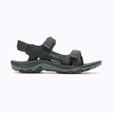 Sandalia de senderismo Merrell modelo Huntington Sport, color negro. Presenta un diseño ergonómico con empeine sintético impermeable, forro de neopreno y sistema de cierre con dos tiras de velcro ajustables. Cuenta con una entresuela de espuma EVA ligera, tecnología Air Cushion en el talón para absorción de impactos y suela de goma adherente para mayor tracción.