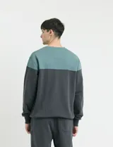 Sweater de tejido circular con diseño color block, combinando una franja superior en color verde y el resto de la prenda en gris oscuro. Presenta cuello redondo y puños en tejido canalé.