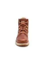Botas de cuero color marrón Caterpillar modelo Fandom, con cuello tejido de punto beige, cordones al tone y suela de goma con plataforma.