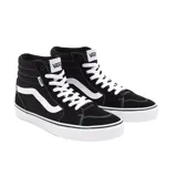Championes de caña alta Vans modelo Filmore Hi, color negro con detalles en blanco. Presentan la icónica franja lateral de la marca, cordones blancos y suela de goma resistente.