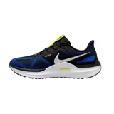 Championes de running Nike Air Zoom Structure 25, color negro con detalles en azul y blanco. Presentan tecnología Air Zoom en la suela para mayor amortiguación y soporte.