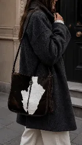 Cartera tipo bandolera confeccionada en cuero vacuno con pelo (nonato), con diseño bicolor en tonos marrón oscuro y blanco. Presenta costuras artesanales en los laterales, cierre central con detalle de botón y correa larga ajustable.