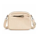 Cartera bandolera color beige con textura acanalada, compartimento principal con cierre, bolsillo frontal con cierre y tiradores negros. Incluye correa ajustable y desmontable.