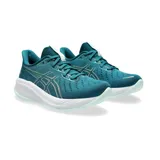 Championes de running Asics Gel Cumulus 26, color verde petróleo con detalles en verde claro y blanco. Presentan una estructura de malla transpirable, entresuela con tecnología de amortiguación y suela de goma resistente.