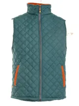 Chaleco negro capitoneado con cuello alto y cierre frontal con botones a presión.