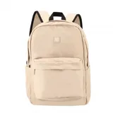 Mochila urbana de lona impermeable color beige, con compartimento principal amplio, bolsillo frontal con cierre, correas ajustables y bolsillos laterales.