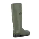 Bota de lluvia de caña alta color verde militar, con suela de goma negra antideslizante y logo de la marca estampado en el lateral.