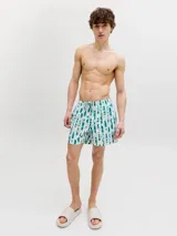 Short de baño con estampado de rayas verticales verdes y blancas sobre el cual se superponen dibujos de temática marina. Cuenta con cintura elástica con cordón de ajuste y bolsillos laterales.
