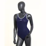 Malla enteriza de natación Fila, color azul marino con ribetes blancos y logo de la marca estampado en el pecho.