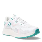 Championes deportivos Push de mujer, color blanco con detalles en turquesa y líneas finas en rosado. Presentan una capellada de malla transpirable, cierre con cordones y suela de goma con relieve en color turquesa.