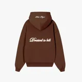 Campera con capucha marrón con cierre frontal y logo bordado en blanco en el pecho.