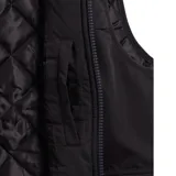 Chaleco acolchado negro con cierre frontal, cuello alto y múltiples bolsillos frontales con cierre y solapa. Diseño técnico con detalles en amarillo.