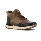 Bota casual Country de corte medio, confeccionada en una combinación de cuero y paneles de malla en tonos kaki y negro. Cuenta con cierre de cordones, cuello acolchado y suela de goma dentada en color crema.