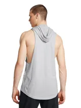 Musculosa deportiva gris con capucha y cordones ajustables. Presenta un diseño sin mangas con sisas amplias, bolsillo canguro frontal y estampado gráfico vertical de tres cabezas de toro. Confeccionada en tejido de mezcla de algodón.