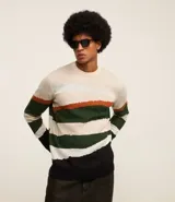 Suéter de algodón color crema con franjas horizontales en verde, marrón y negro.