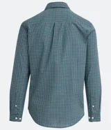 Camisa de corte slim con estampado de cuadros pequeños en tonos azul y verde. Presenta cuello camisero, cierre frontal con botones y mangas largas con puños abotonados.