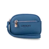 Monedero de mano con diseño rectangular y textura granulada, marca Lincoln's. Cuenta con cierre perimetral, bolsillo frontal con cierre y correa de muñeca integrada.