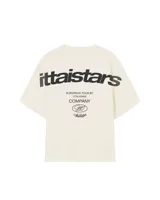 Remera negra de algodón con estampado blanco en la espalda con el logo de la marca y la frase "European Tour by Ittai Stars Company".