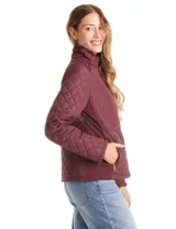 Campera capitoneada azul marino con diseño de rombos y paneles laterales elásticos para un ajuste entallado. Presenta cuello alto, cierre frontal completo y bolsillos laterales con cierre.
