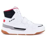 Zapatillas Hi-Tec de caña alta color blanco con detalles en negro, rojo y gris. Cierre con cordones y tira de velcro. Suela marrón de goma.