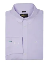 Camisa de manga larga RKF en color lila con estampado de rayas verticales finas. Presenta cuello button-down, bolsillo frontal con logo bordado y puños con botones. Confeccionada en tejido resistente a las arrugas.