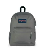 Mochila JanSport Cross Town color gris grafito con logo bordado. Tiene un compartimento principal grande, bolsillo frontal con organizador interno, bolsillo lateral para botella de agua, panel trasero acolchado y correas de hombro acolchadas.