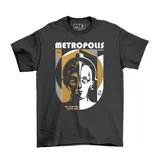 Remera de algodón color gris oscuro con estampa frontal inspirada en la película Metropolis de Fritz Lang, presentando un diseño gráfico dividido en dos tonos.