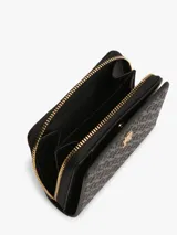 Billetera Tommy Hilfiger de poliuretano color negro con monograma TH en bajo relieve, cierre de cremallera e insignia metálica en la parte delantera.
