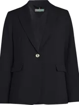 Americana de traje con botonadura sencilla, confeccionada en viscosa elástica. Presenta solapas con muescas, cierre de un botón, dos bolsillos con solapa en la cintura, puños con cuatro botones y abertura trasera. El diseño es totalmente forrado y de corte clásico.