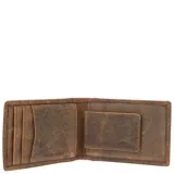 Billetera RKF de cuero natural marrón con clip magnético para billetes y cuatro ranuras para tarjetas.