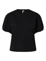 Top negro de algodón orgánico, de corte relajado, con cuello redondo y mangas cortas abullonadas.