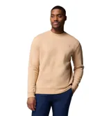 Buzo de cuello redondo Columbia para hombre, en color beige, con puños y dobladillo acanalados y parche con logo de la marca en el pecho.