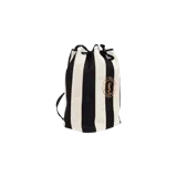 Mochila tipo saco Saint Laurent modelo Rive Gauche con diseño de rayas verticales negras y blancas, cierre de cordón ajustable y bordado circular dorado con el logo YSL.