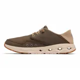 Championes Columbia modelo Bahama X Relaxed, color marrón con detalles en beige. Presentan un diseño híbrido de cuero y lona, con talón plegable, cordones elásticos y suela con orificios de drenaje para actividades acuáticas.