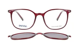 Lentes de receta con armazón de acetato color bordó y clip-on solar magnético a juego. Diseño de marco completo con forma redondeada.