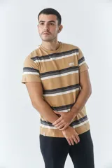 Remera de hombre de manga corta con cuello redondo y ajuste regular. Presenta un diseño a rayas horizontales en tonos tostado, azul marino y blanco, con el logo de la marca bordado en el pecho.