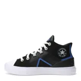 Championes Converse modelo Ctas Flux Ultra Mid, de corte medio, color negro con detalles en azul y suela blanca. Presentan puntera reforzada, cordones blancos y una estructura combinada de materiales sintéticos.