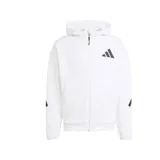 Campera deportiva Adidas blanca con capucha y cierre frontal. Logotipo de Adidas en el pecho y detalles en negro en las mangas.