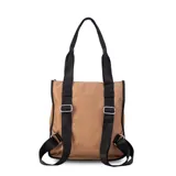 Mochila y cartera híbrida confeccionada en nylon de color beige con detalles y correas en negro. Posee dos asas superiores para llevar al hombro y correas traseras ajustables para usar como mochila. Presenta dos bolsillos frontales con cierre de cremallera y tiradores largos.