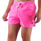Short de baño color rosa neón, con cintura elástica, cordón ajustable blanco y logo de la marca en el ruedo.