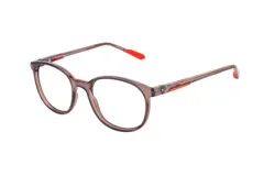Armazón para lentes de acetato color marrón con detalles en rojo.