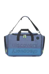 Bolso deportivo tipo duffel bag, color azul jaspeado con una franja inferior azul más oscura. Presenta el logo "discovery" estampado en dos líneas, una normal y otra invertida. Cuenta con asas de mano y correa ajustable para hombro.