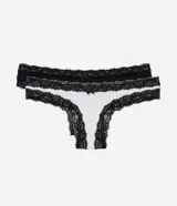 Pack de dos bombachas de microfibra, una blanca y una negra, estilo bikini hilo con aplicación de encaje negro en los bordes y un pequeño lazo decorativo en el centro frontal.