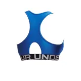 Top deportivo Under Armour de color negro con espalda nadadora y banda elástica inferior en color blanco con el nombre de la marca. Incluye el logo de la marca estampado en el pecho.