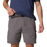 Short cargo Columbia modelo Mountaindale, color gris, con bolsillos laterales de seguridad con cremallera, cintura elástica y cinturón integrado. Confeccionado en tejido técnico con tecnología Omni-Shield repelente al agua y manchas.